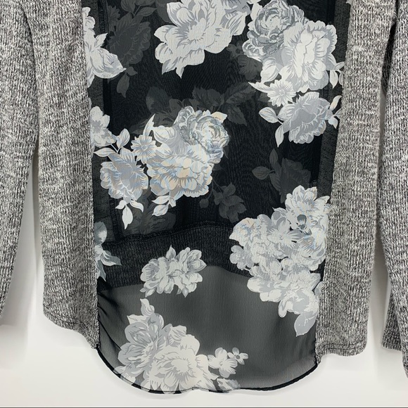 IZ Byer Static Gray Floral Print Sheer Panel High Low Thin Sweater Size XS - Picture 10 of 16